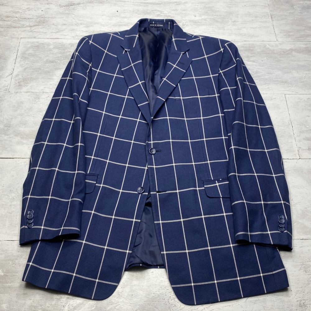 Paul Fredrick Blazer Mens 42R Navy Windowpane Cotton Stretch Sport Coat JSL100W